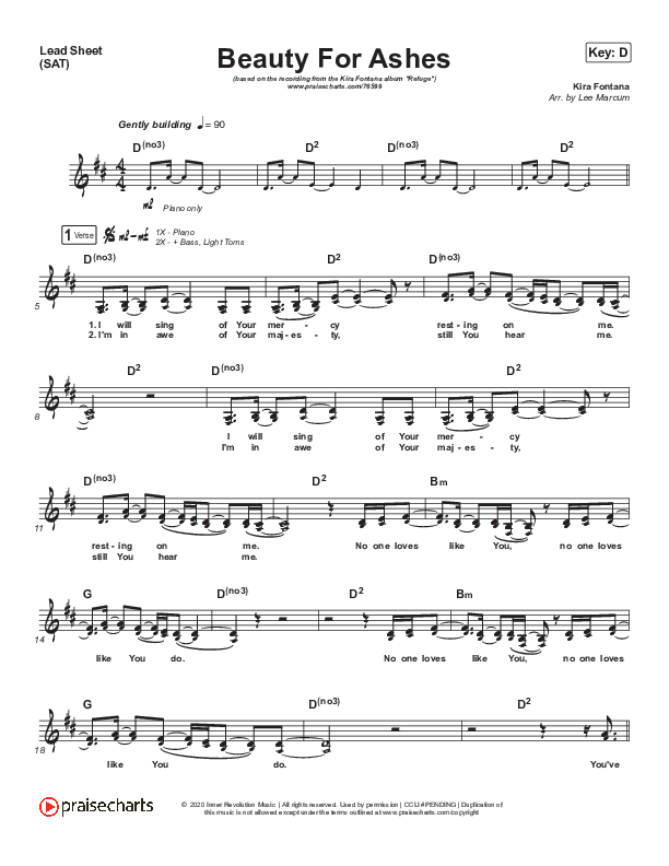 Beauty For Ashes Lead Sheet (SAT) (Kira Fontana)