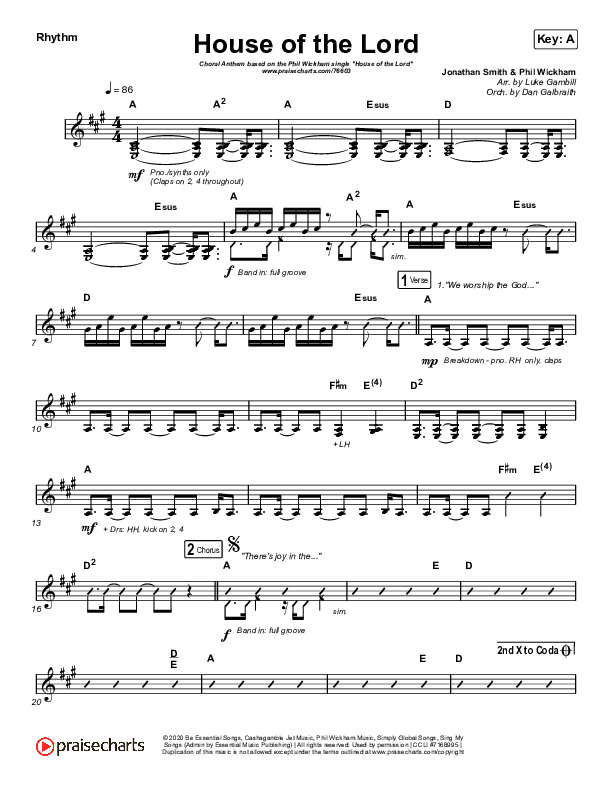 House Of The Lord (Choral Anthem SATB) Rhythm Chart (Phil Wickham / Arr. Luke Gambill)