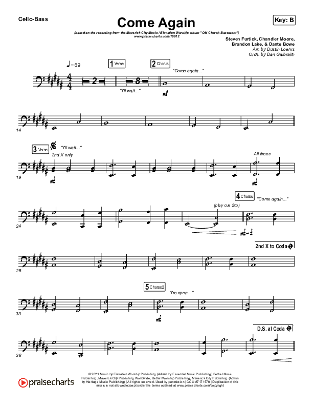 Come Again Cello/Bass (Maverick City Music / Elevation Worship / Chandler Moore / Brandon Lake)