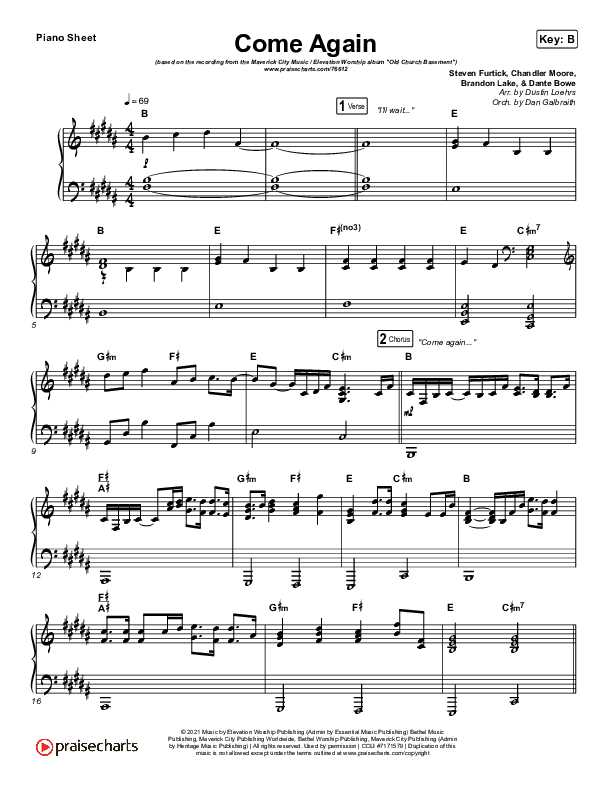 Come Again Piano Sheet (Maverick City Music / Elevation Worship / Chandler Moore / Brandon Lake)