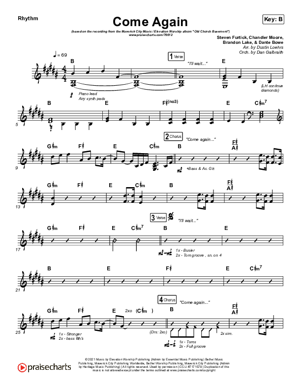 Come Again Rhythm Chart (Maverick City Music / Elevation Worship / Chandler Moore / Brandon Lake)