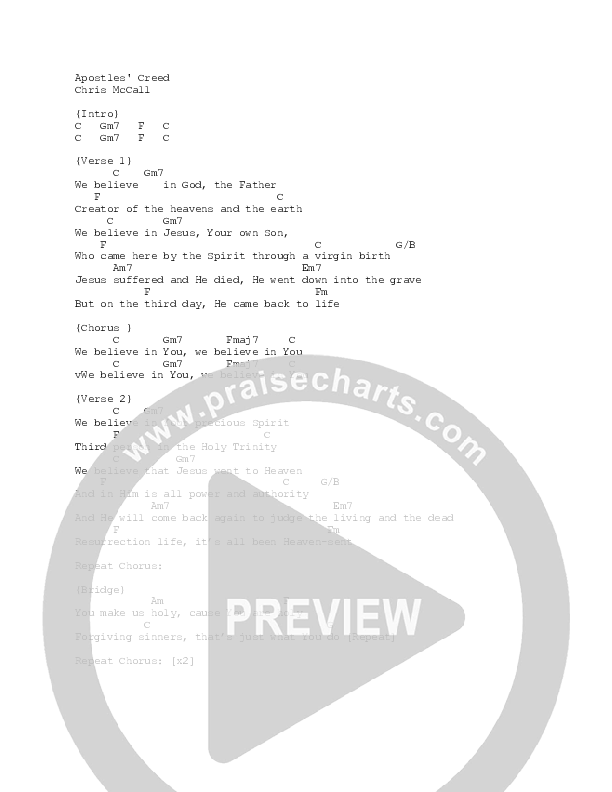 Apostles Creed (Live) Chord Chart (YWAM Kona Music)