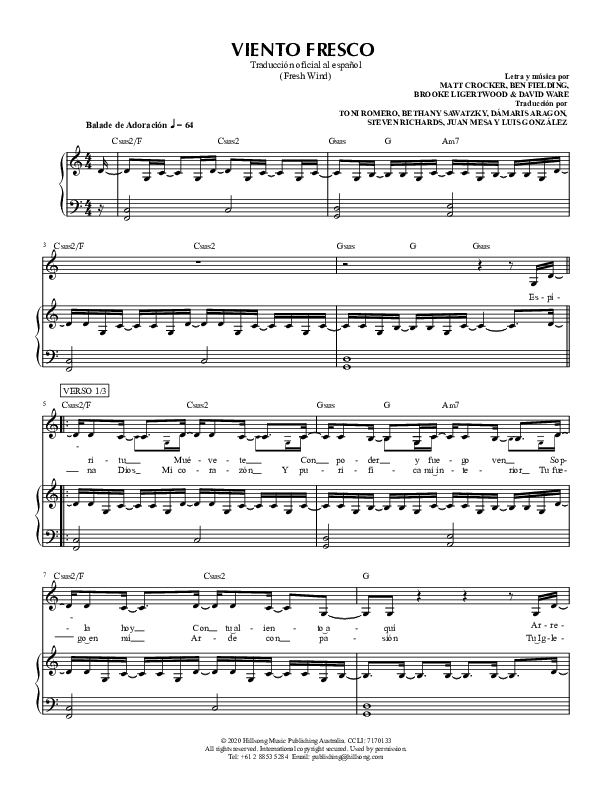 Viento Fresco (Fresh Wind) Piano/Vocal (Hillsong Worship)