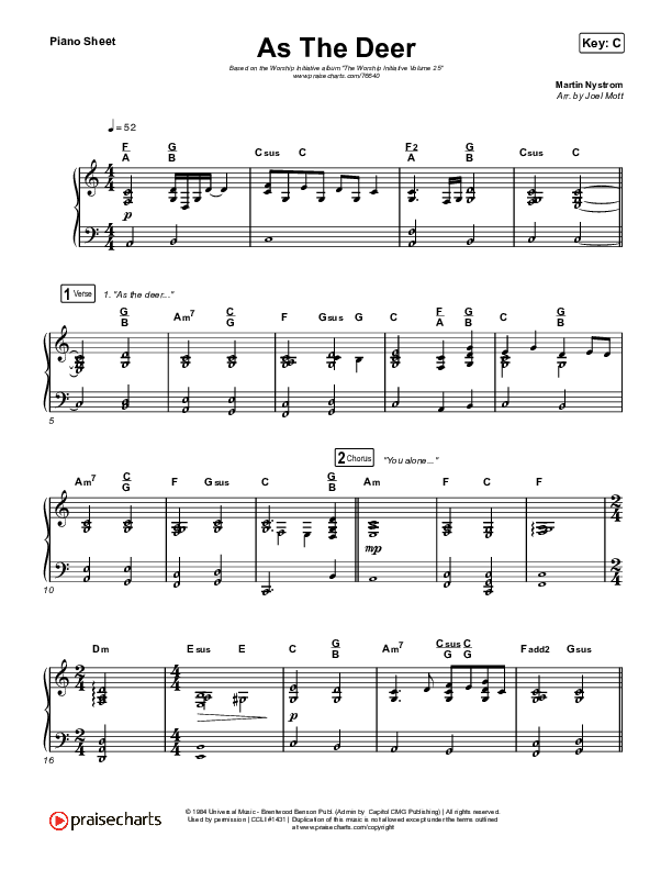 As The Deer (Live) Piano Sheet (The Worship Initiative / Shane & Shane)