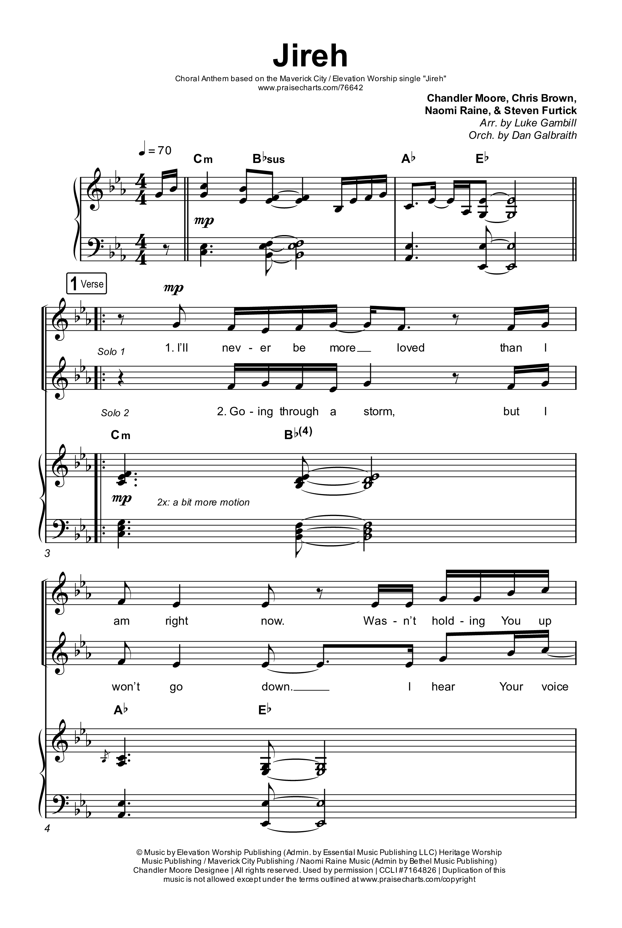 Jireh (Choral Anthem SATB) Octavo (SATB & Pno) (Maverick City Music / Elevation Worship / Arr. Luke Gambill)