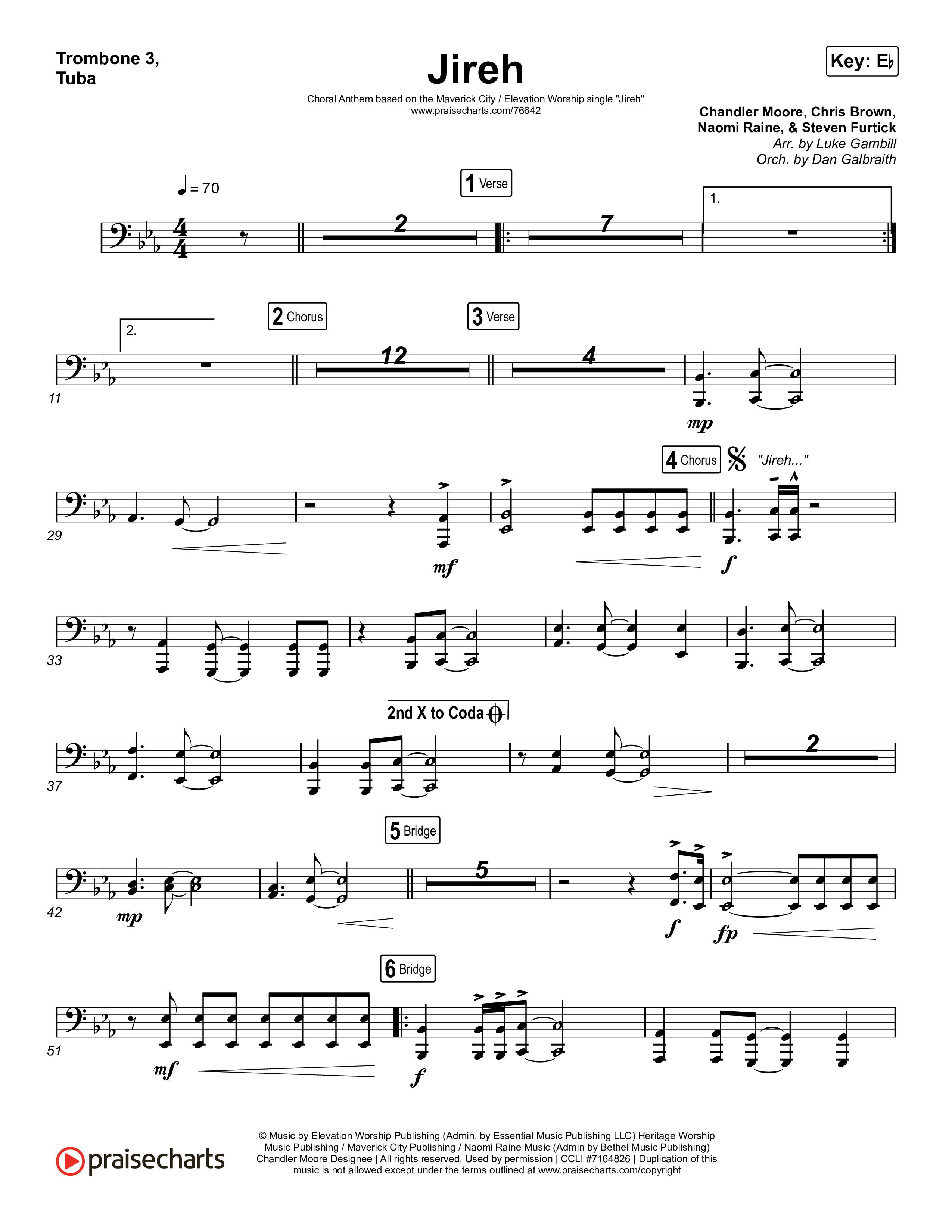 Jireh (Choral Anthem SATB) Trombone 3/Tuba (Maverick City Music / Elevation Worship / Arr. Luke Gambill)