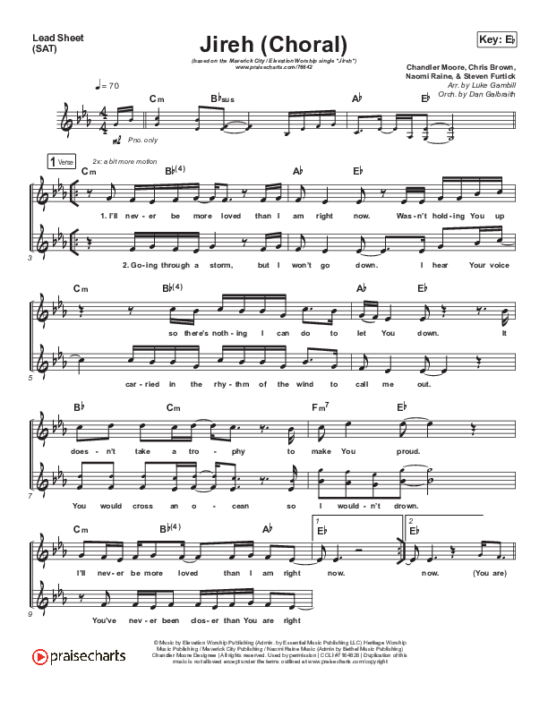 Jireh (Choral Anthem) Lead Sheet (SAT) (PraiseCharts Choral / Maverick City Music / Elevation Worship / Arr. Luke Gambill)