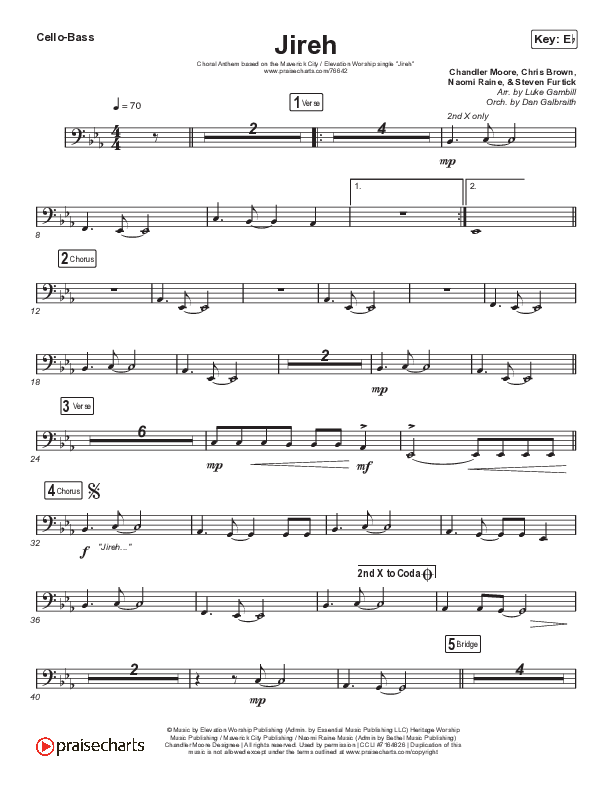 Jireh (Choral Anthem SATB) Cello/Bass (Maverick City Music / Elevation Worship / Arr. Luke Gambill)
