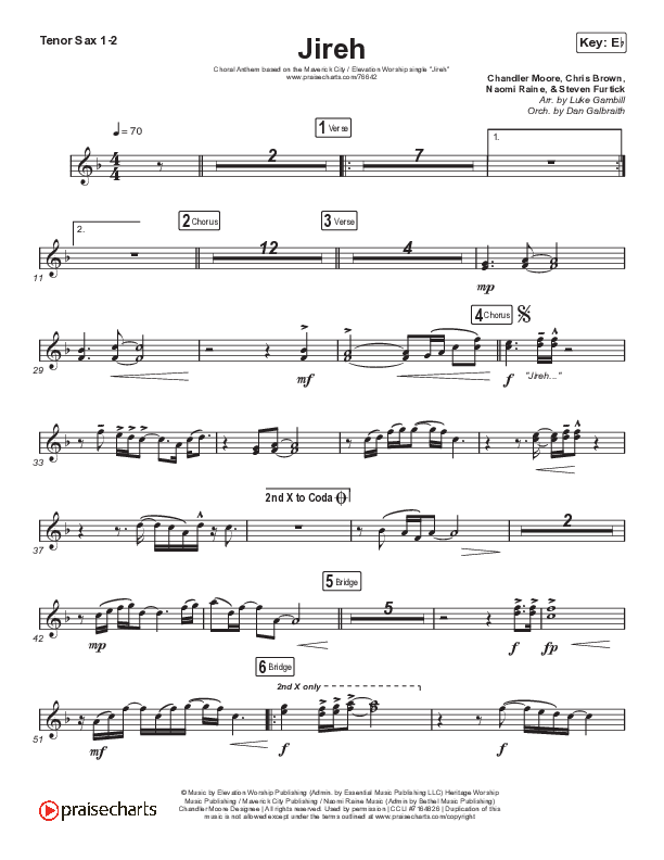 Jireh (Choral Anthem SATB) Tenor Sax 1/2 (Maverick City Music / Elevation Worship / Arr. Luke Gambill)
