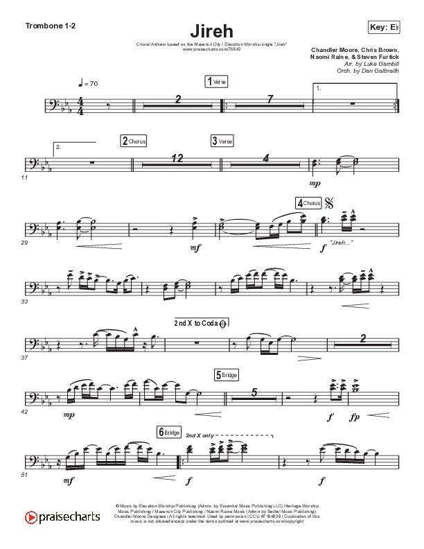 Jireh (Choral Anthem SATB) Trombone 1/2 (Maverick City Music / Elevation Worship / Arr. Luke Gambill)
