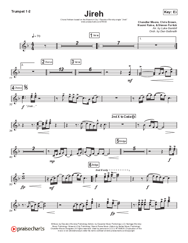 Jireh (Choral Anthem SATB) Trumpet 1,2 (Maverick City Music / Elevation Worship / Arr. Luke Gambill)
