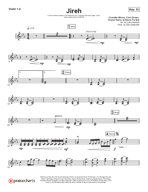 Jireh (Choral Anthem SATB) Violin 1/2 (Maverick City Music / Elevation Worship / Arr. Luke Gambill)