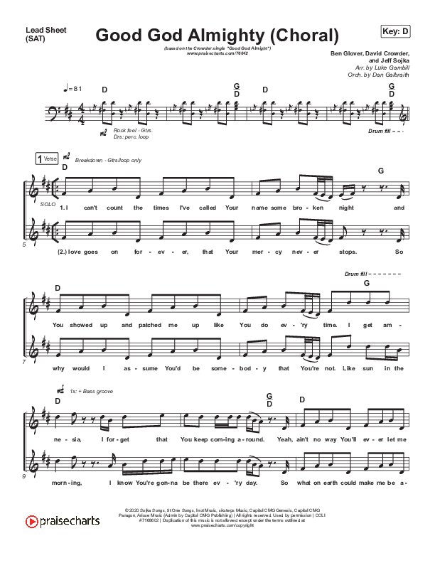 Good God Almighty (Choral Anthem SATB) Lead Sheet (SAT) (Crowder / Arr. Luke Gambill)