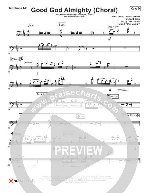 Good God Almighty (Choral Anthem SATB) Trombone 1/2 (Crowder / Arr. Luke Gambill)