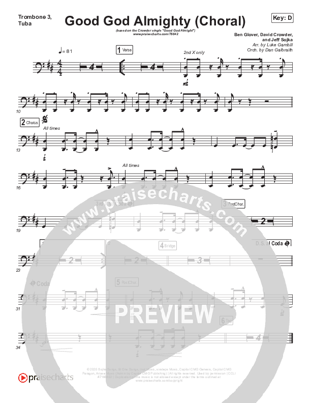 Good God Almighty (Choral Anthem SATB) Trombone 3/Tuba (Crowder / Arr. Luke Gambill)