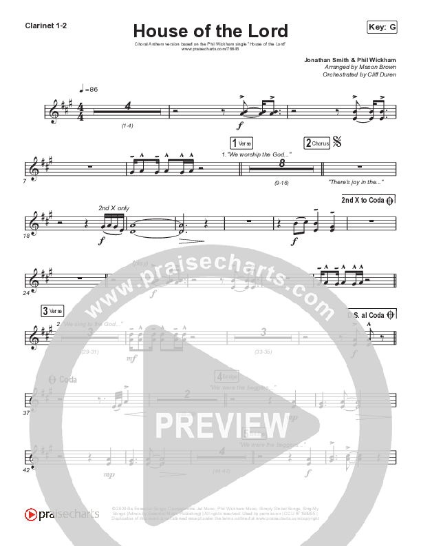 House Of The Lord (Choral Anthem SATB) Clarinet 1/2 (Phil Wickham / Arr. Cliff Duren / Mason Brown)