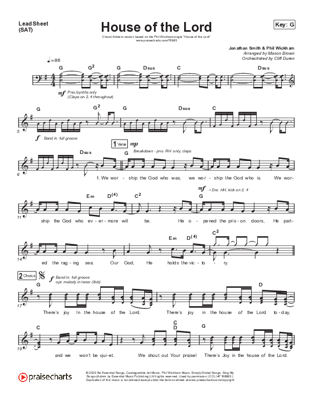 House Of The Lord (Choral Anthem SATB) Lead Sheet (SAT) (Phil Wickham / Arr. Cliff Duren / Mason Brown)