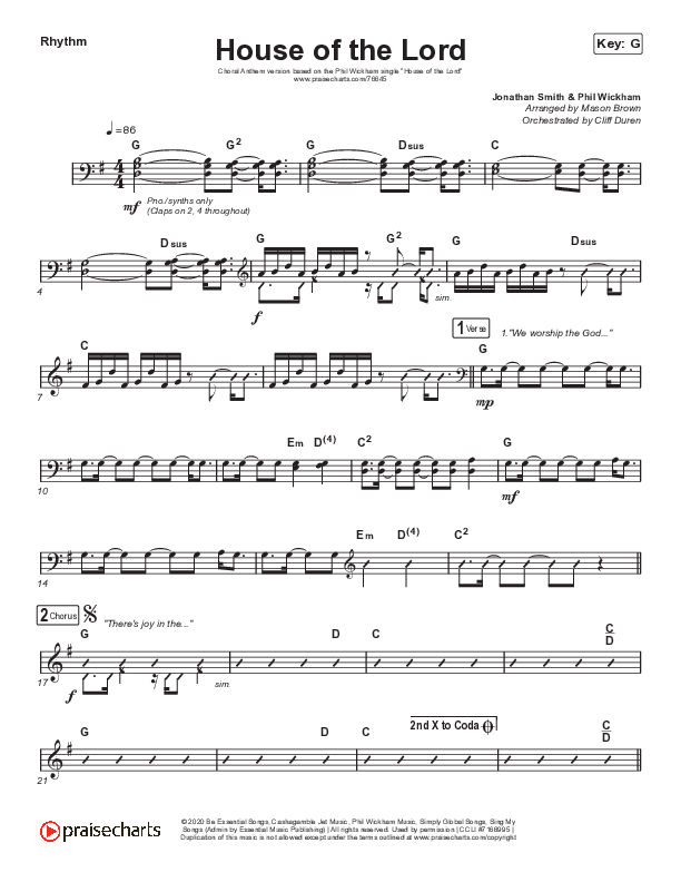 House Of The Lord (Choral Anthem SATB) Rhythm Chart (Phil Wickham / Arr. Cliff Duren / Mason Brown)