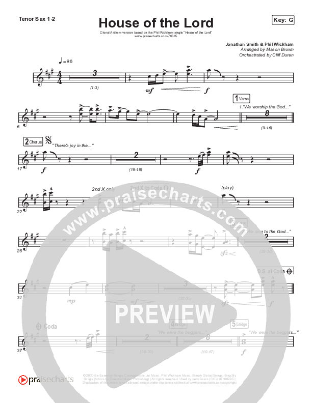 House Of The Lord (Choral Anthem SATB) Tenor Sax 1/2 (Phil Wickham / Arr. Cliff Duren / Mason Brown)