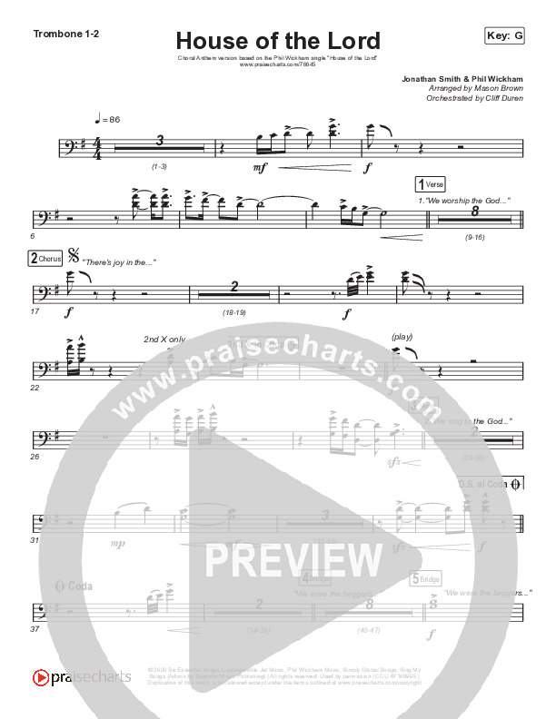 House Of The Lord (Choral Anthem SATB) Trombone 1/2 (Phil Wickham / Arr. Cliff Duren / Mason Brown)
