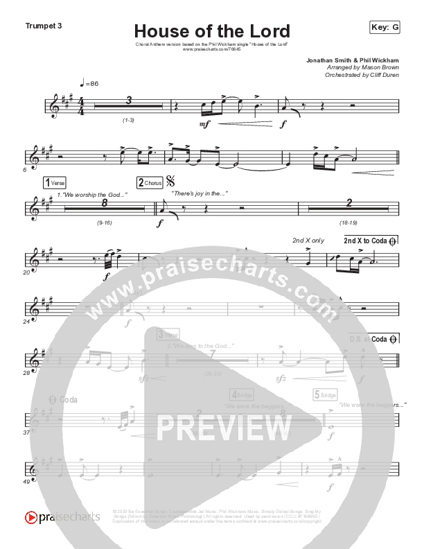House Of The Lord (Choral Anthem SATB) Trumpet 3 (Phil Wickham / Arr. Cliff Duren / Mason Brown)