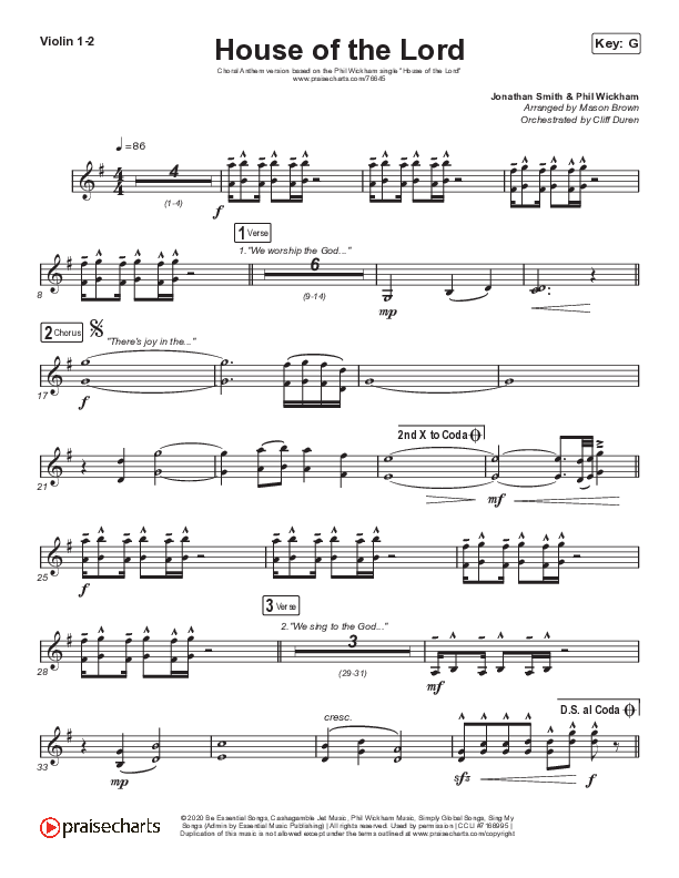 House Of The Lord (Choral Anthem SATB) Violin 1/2 (Phil Wickham / Arr. Cliff Duren / Mason Brown)