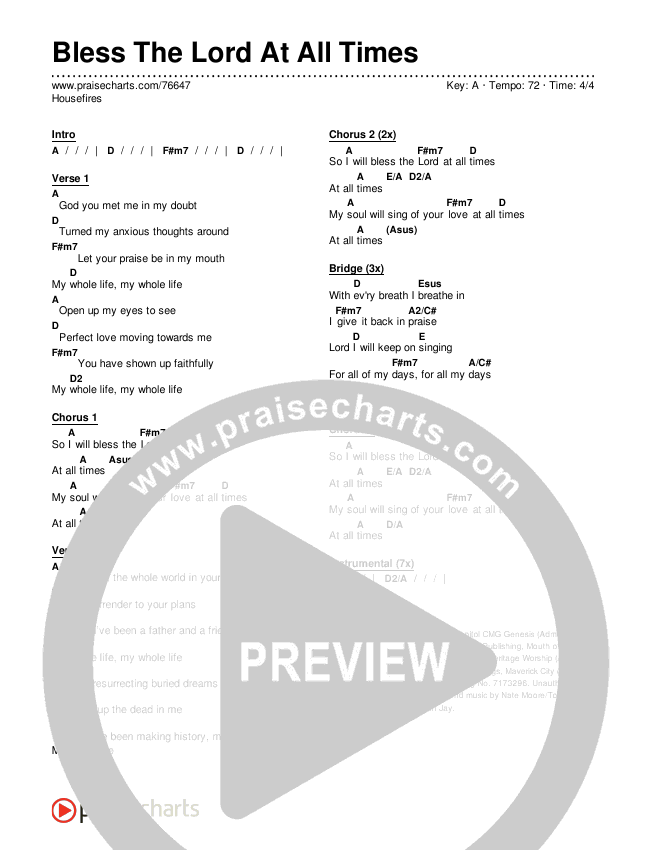 Bless The Lord At All Times (Live) Chords & Lyrics (Housefires / Nate Moore)