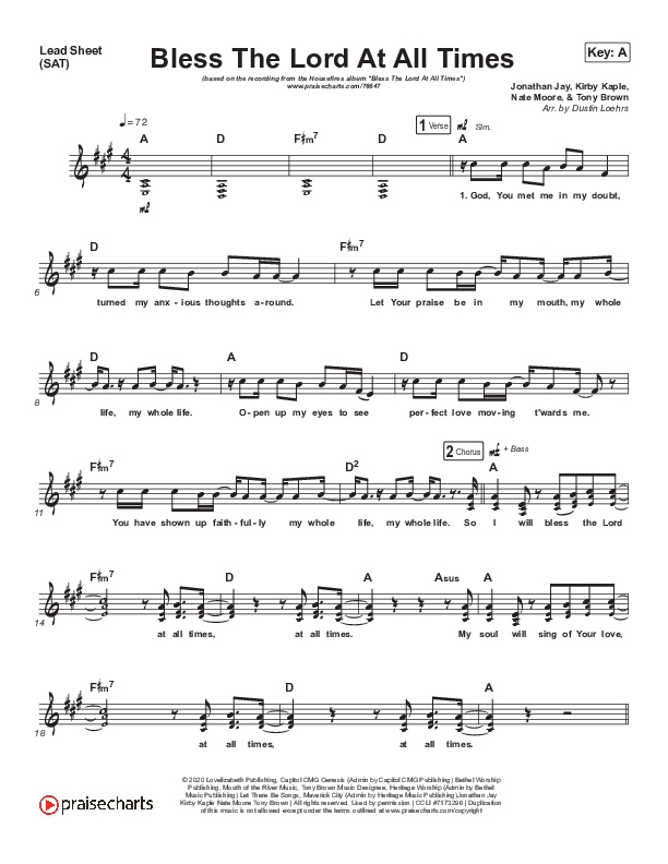 Bless The Lord At All Times (Live) Lead Sheet (SAT) (Housefires / Nate Moore)