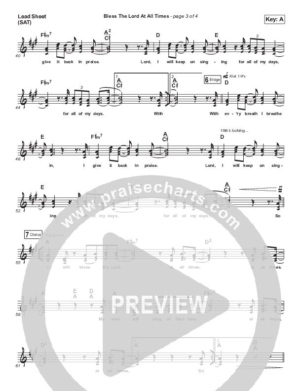Bless The Lord At All Times (Live) Lead Sheet (SAT) (Housefires / Nate Moore)