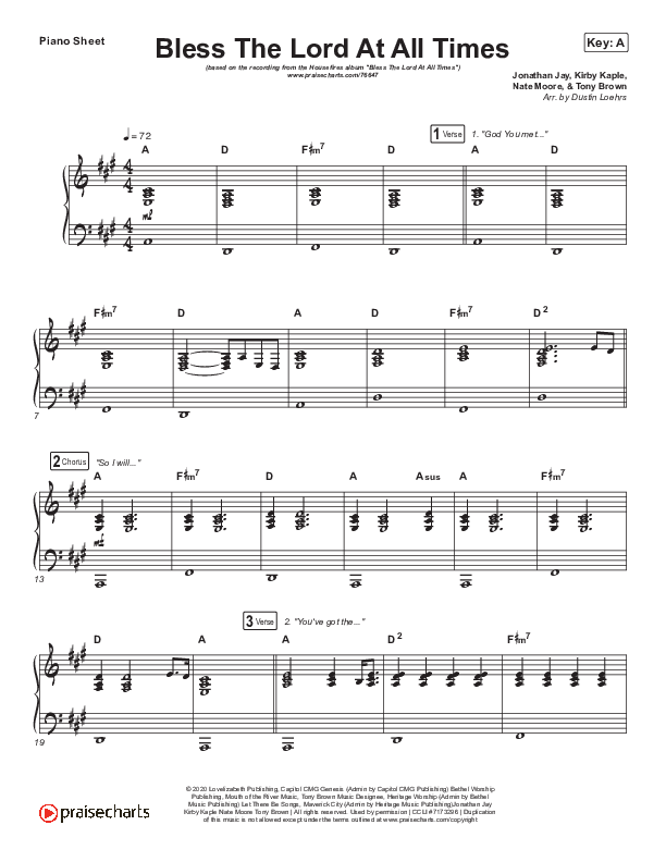 Bless The Lord At All Times (Live) Piano Sheet (Housefires / Nate Moore)