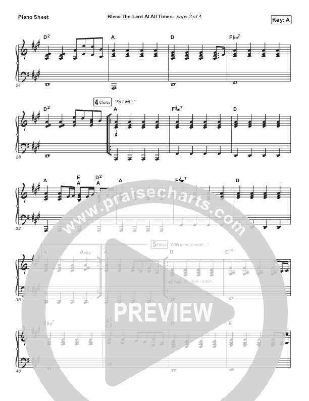 Bless The Lord At All Times (Live) Piano Sheet (Housefires / Nate Moore)