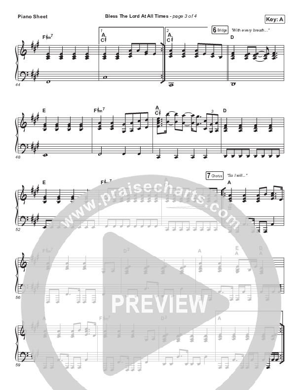 Bless The Lord At All Times (Live) Piano Sheet (Housefires / Nate Moore)