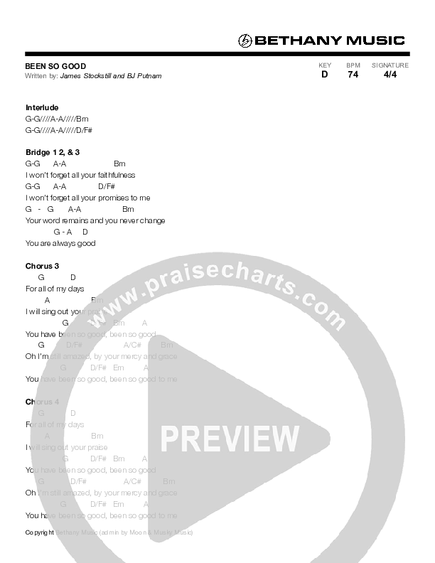 Been So Good Chord Chart (Bethany Music / BJ Putnam)