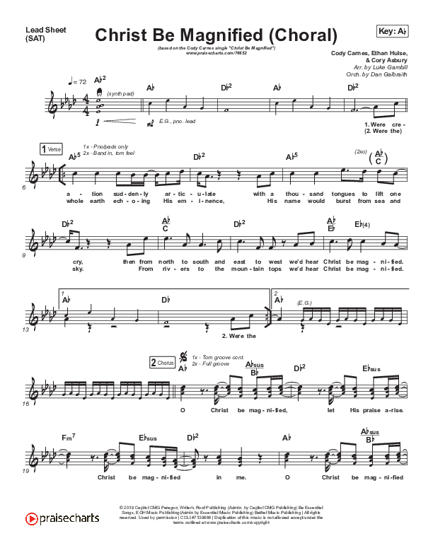 Christ Be Magnified (Choral Anthem SATB) Lead Sheet (SAT) (Cody Carnes / Arr. Luke Gambill)
