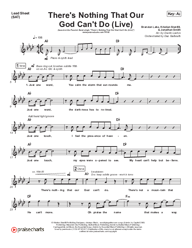 There's Nothing That Our God Can't Do (Choral Anthem SATB) Lead Sheet (SAT) (Passion / Kristian Stanfill / Arr. Luke Gambill)