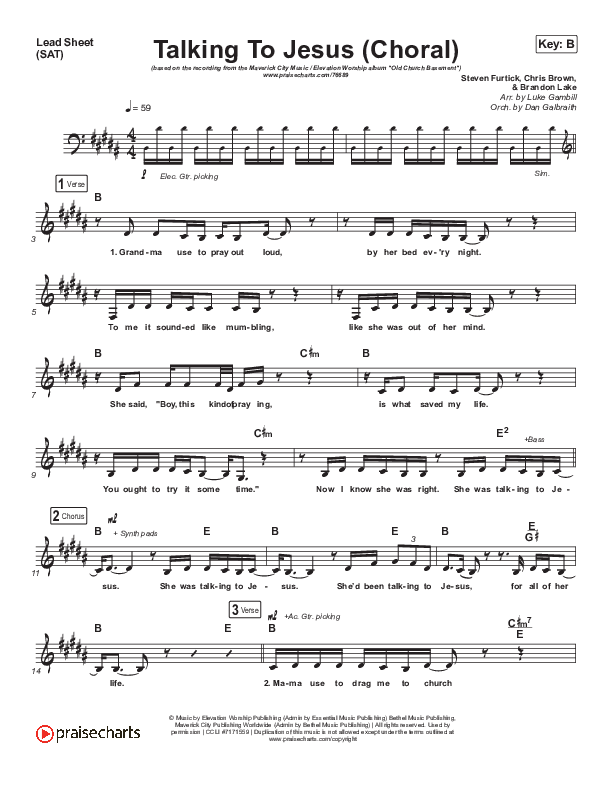 Talking To Jesus (Choral Anthem SATB) Lead Sheet (SAT) (Maverick City Music / Elevation Worship / Brandon Lake / Arr. Luke Gambill)