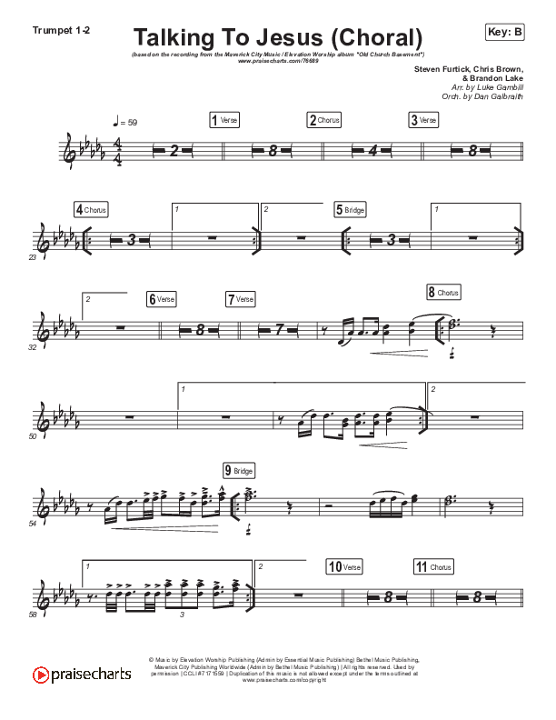Talking To Jesus (Choral Anthem SATB) Trumpet 1,2 (Maverick City Music / Elevation Worship / Brandon Lake / Arr. Luke Gambill)