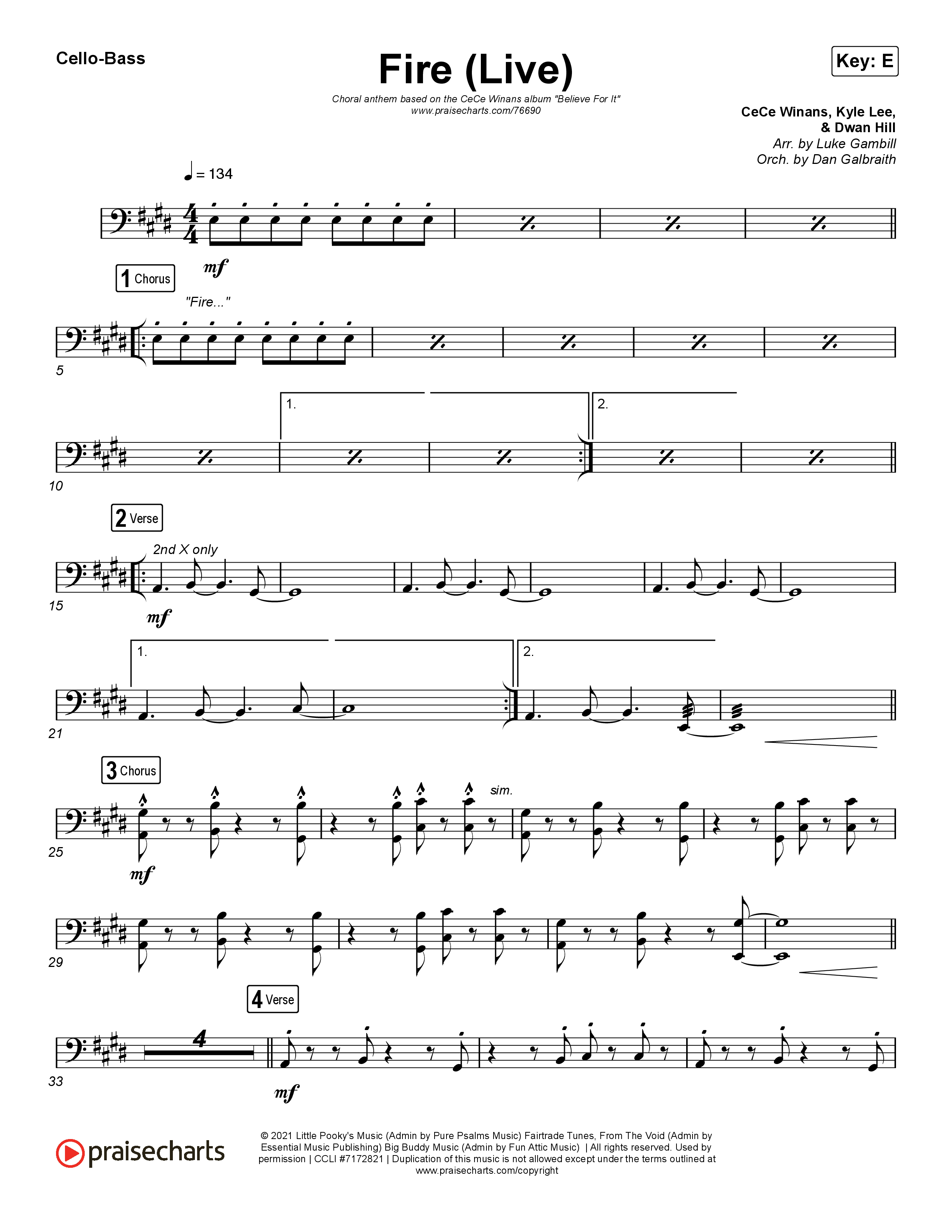 Fire (Choral Anthem SATB) Cello/Bass (CeCe Winans / Arr. Luke Gambill)