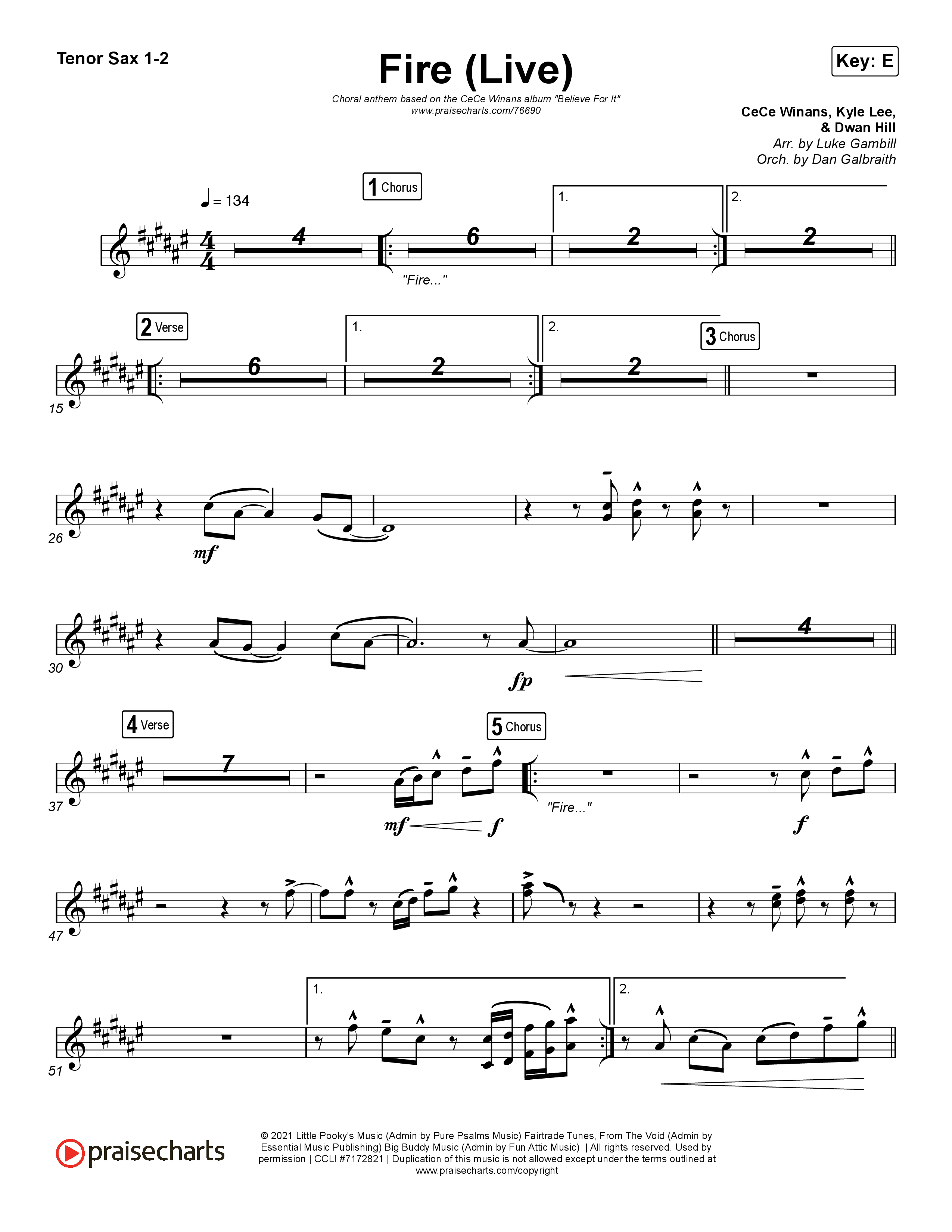 Fire (Choral Anthem SATB) Tenor Sax 1/2 (CeCe Winans / Arr. Luke Gambill)
