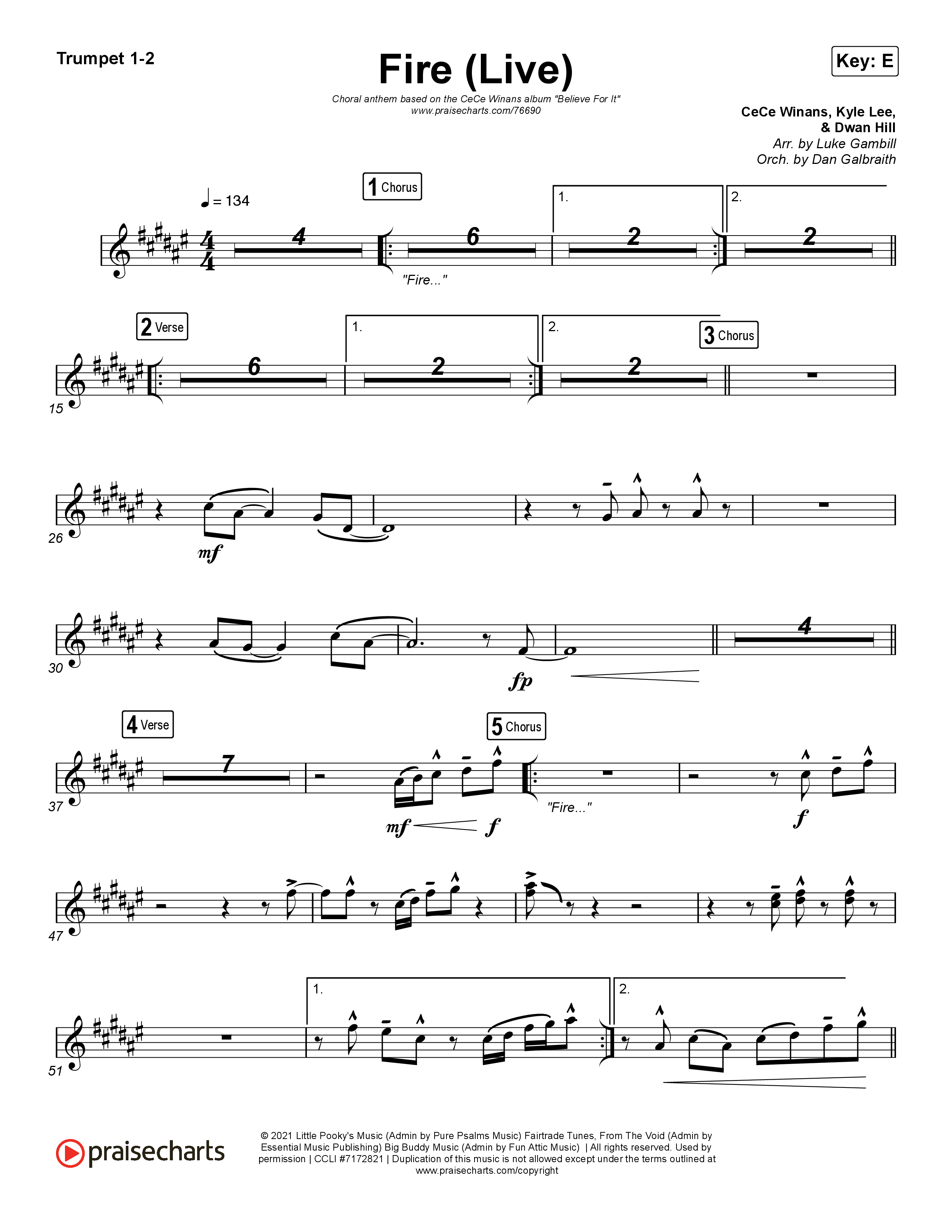 Fire (Choral Anthem SATB) Trumpet 1,2 (CeCe Winans / Arr. Luke Gambill)