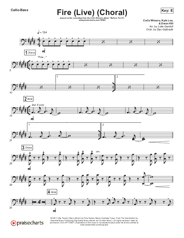 Fire (Choral Anthem SATB) Cello/Bass (CeCe Winans / Arr. Luke Gambill)