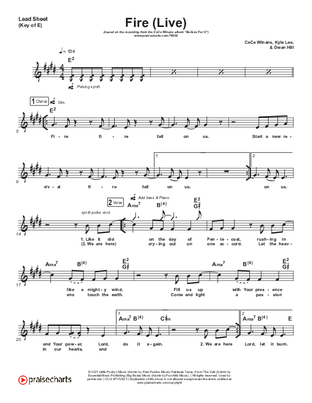 Fire (Choral Anthem SATB) Lead Sheet (Melody) (CeCe Winans / Arr. Luke Gambill)