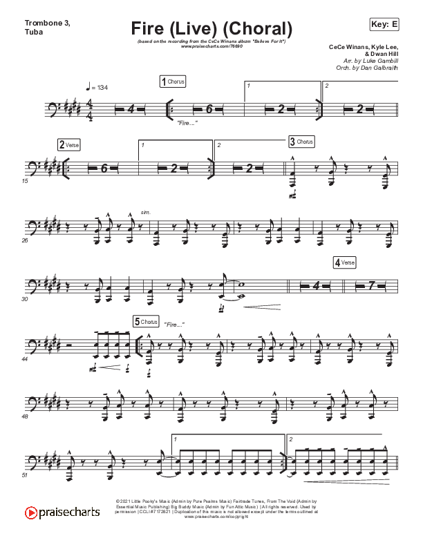 Fire (Choral Anthem SATB) Trombone 3/Tuba (CeCe Winans / Arr. Luke Gambill)