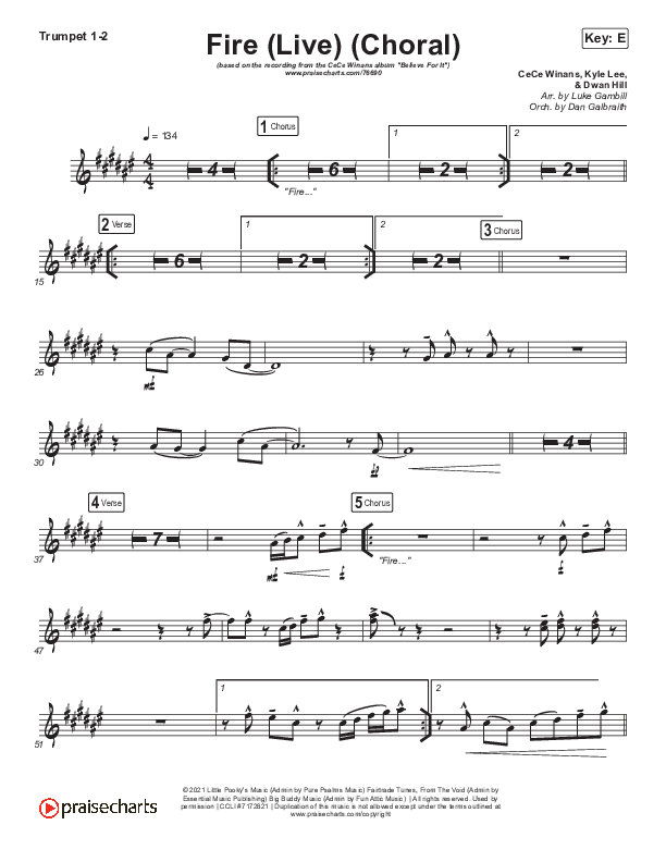 Fire (Choral Anthem SATB) Trumpet 1,2 (CeCe Winans / Arr. Luke Gambill)