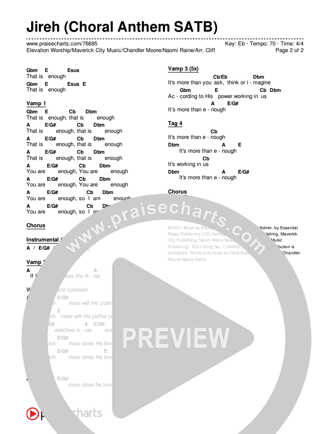 Jireh (Choral Anthem SATB) Chords & Lyrics (Elevation Worship / Maverick City Music / Chandler Moore / Naomi Raine / Arr. Cliff Duren / Mason Brown)