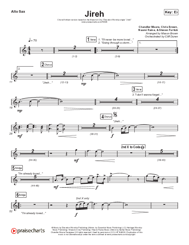 Jireh (Choral Anthem SATB) Alto Sax (Elevation Worship / Maverick City Music / Chandler Moore / Naomi Raine / Arr. Cliff Duren / Mason Brown)