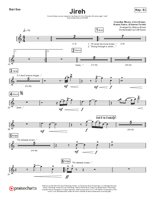 Jireh (Choral Anthem SATB) Bari Sax (Elevation Worship / Maverick City Music / Chandler Moore / Naomi Raine / Arr. Cliff Duren / Mason Brown)