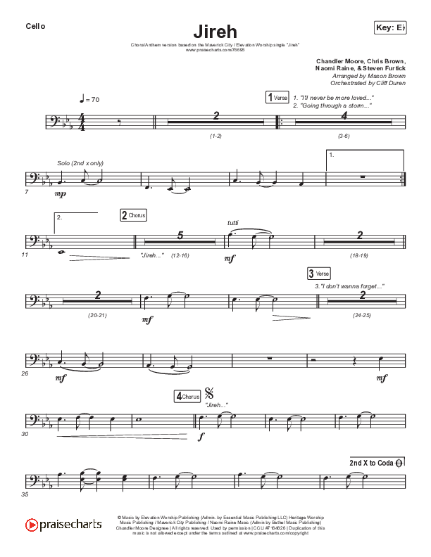 Jireh (Choral Anthem SATB) Cello (Elevation Worship / Maverick City Music / Chandler Moore / Naomi Raine / Arr. Cliff Duren / Mason Brown)