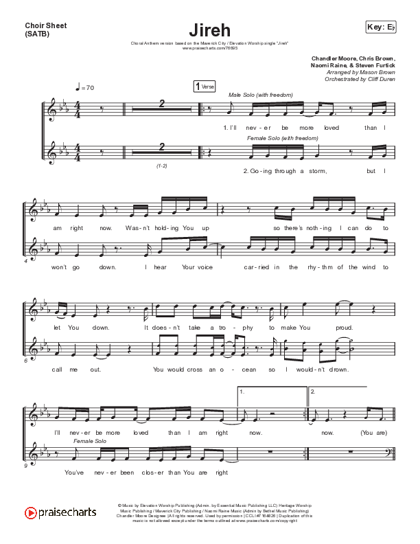 Jireh (Choral Anthem SATB) Choir Sheet (SATB) (Elevation Worship / Maverick City Music / Chandler Moore / Naomi Raine / Arr. Cliff Duren / Mason Brown)