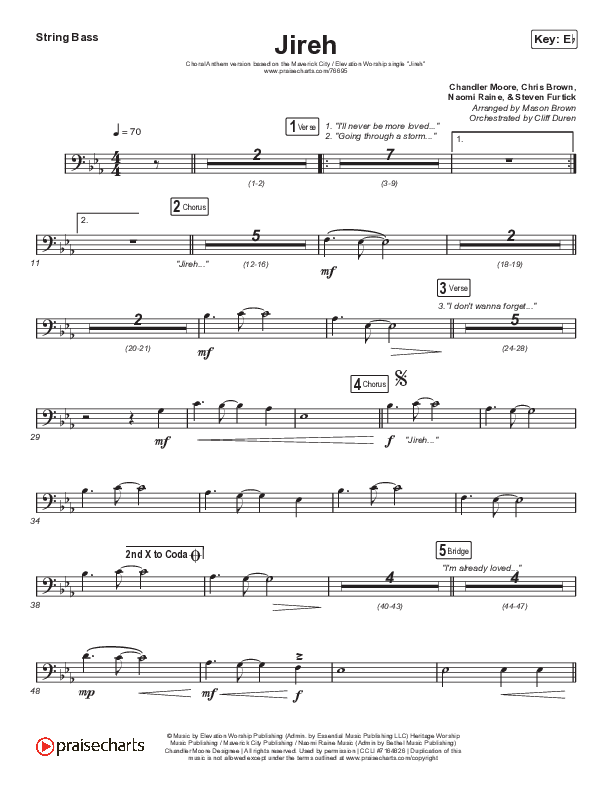 Jireh (Choral Anthem SATB) Double Bass (Elevation Worship / Maverick City Music / Chandler Moore / Naomi Raine / Arr. Cliff Duren / Mason Brown)